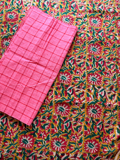 Handblock Kalamkari with Handloom Check Bottom ✨