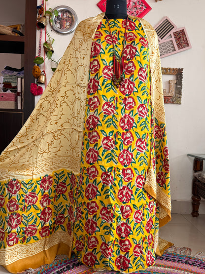 Premium Modal Silk Kalamkari Handblock Full Suit
