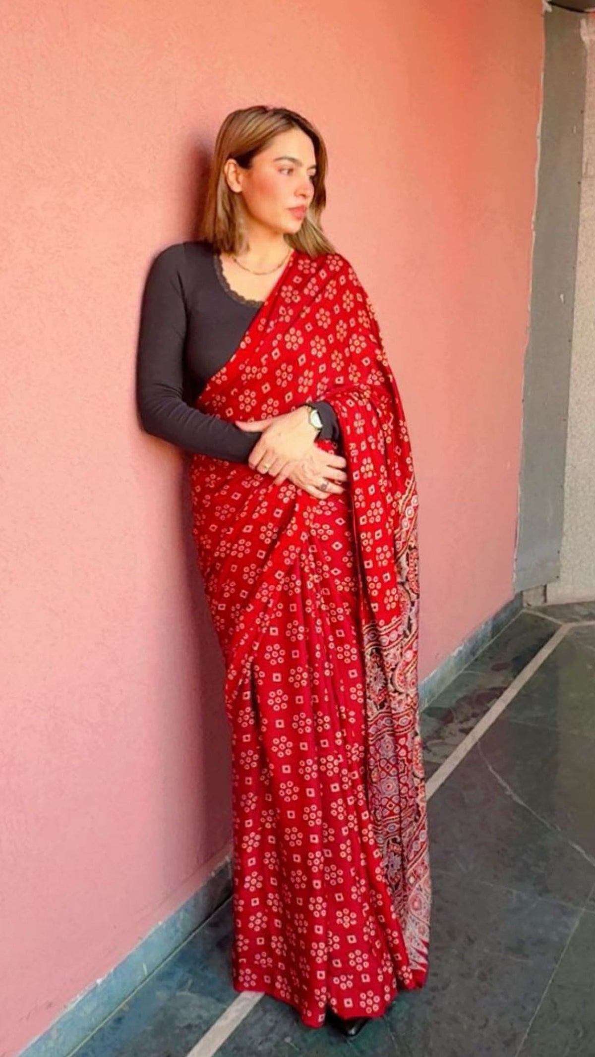 Modal Silk Ajrakh Handblock Saree ✨