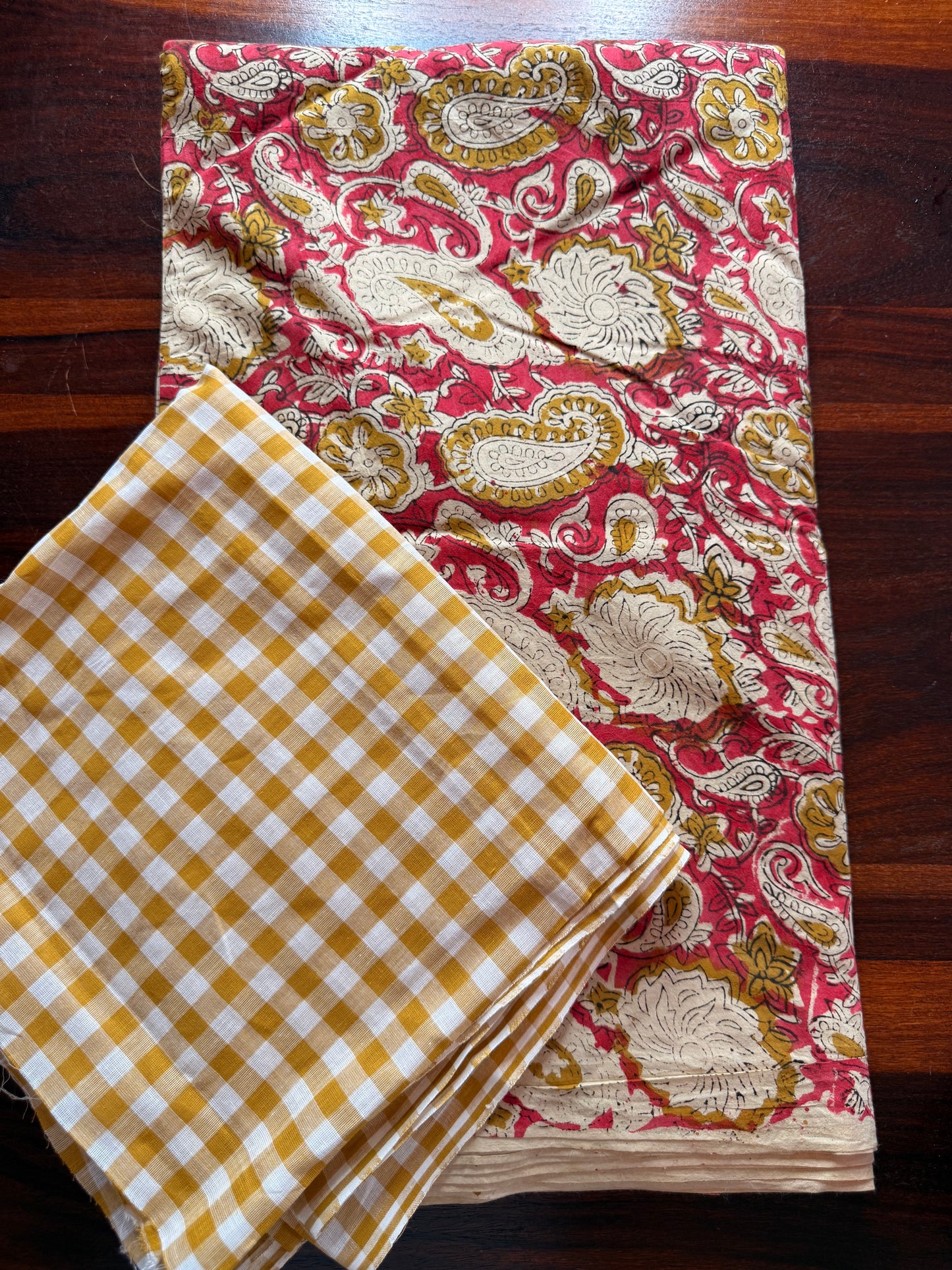 Handblock Kalamkari with Handloom Check Bottom ✨