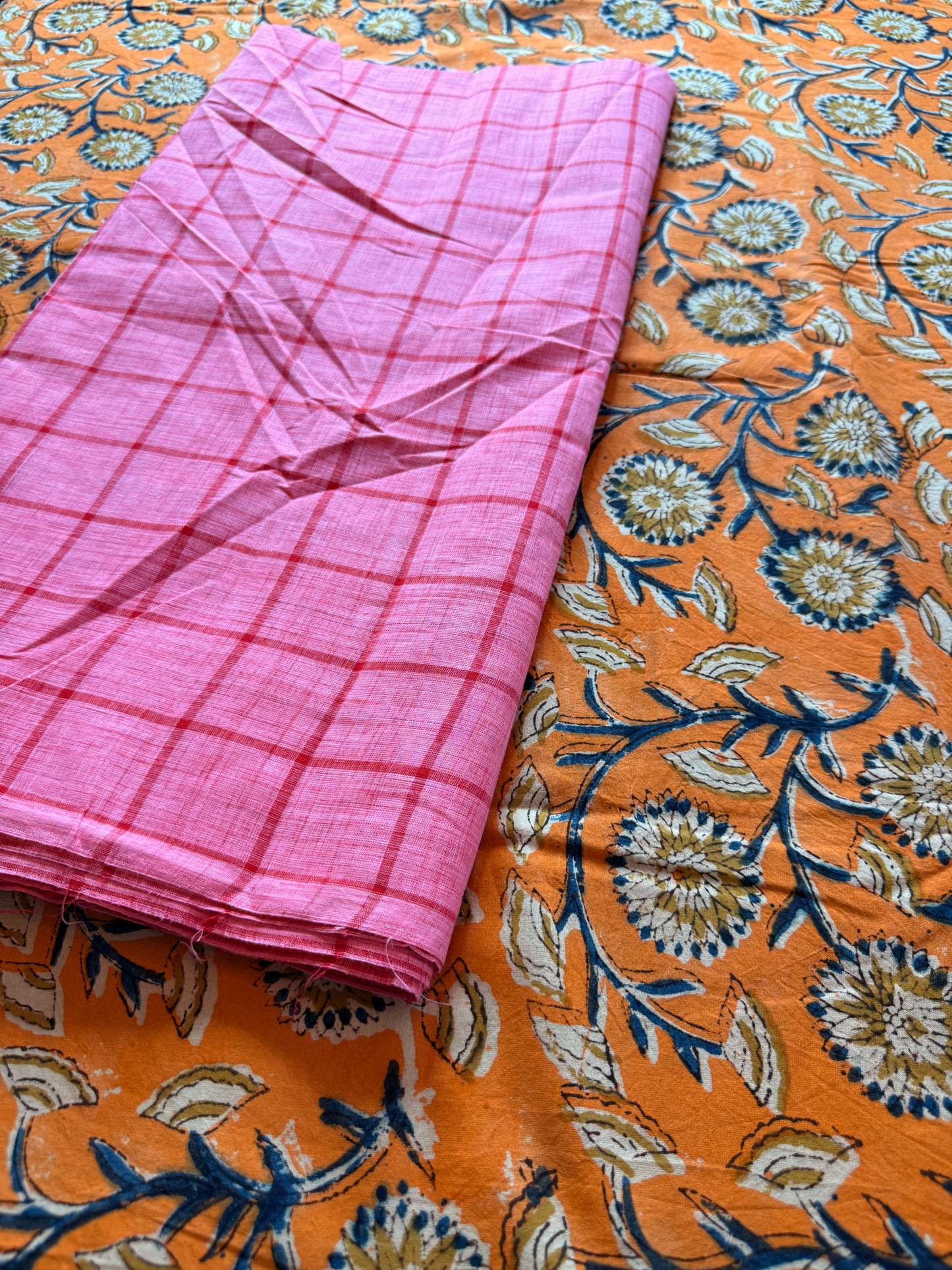 Handblock Kalamkari with Handloom Check Bottom ✨