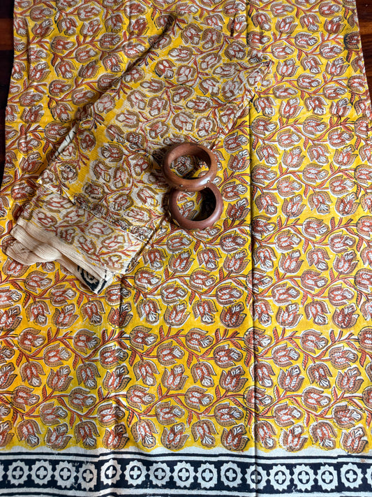 Handblock Kalamkari Cotton Suit Set with Chiffon Dupatta (Unstitched)