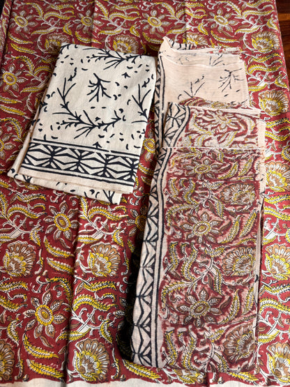 Handblock Kalamkari Cotton Suit Set with Chiffon Dupatta (Unstitched)