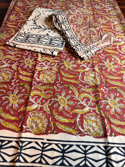 Handblock Kalamkari Cotton Suit Set with Chiffon Dupatta (Unstitched)