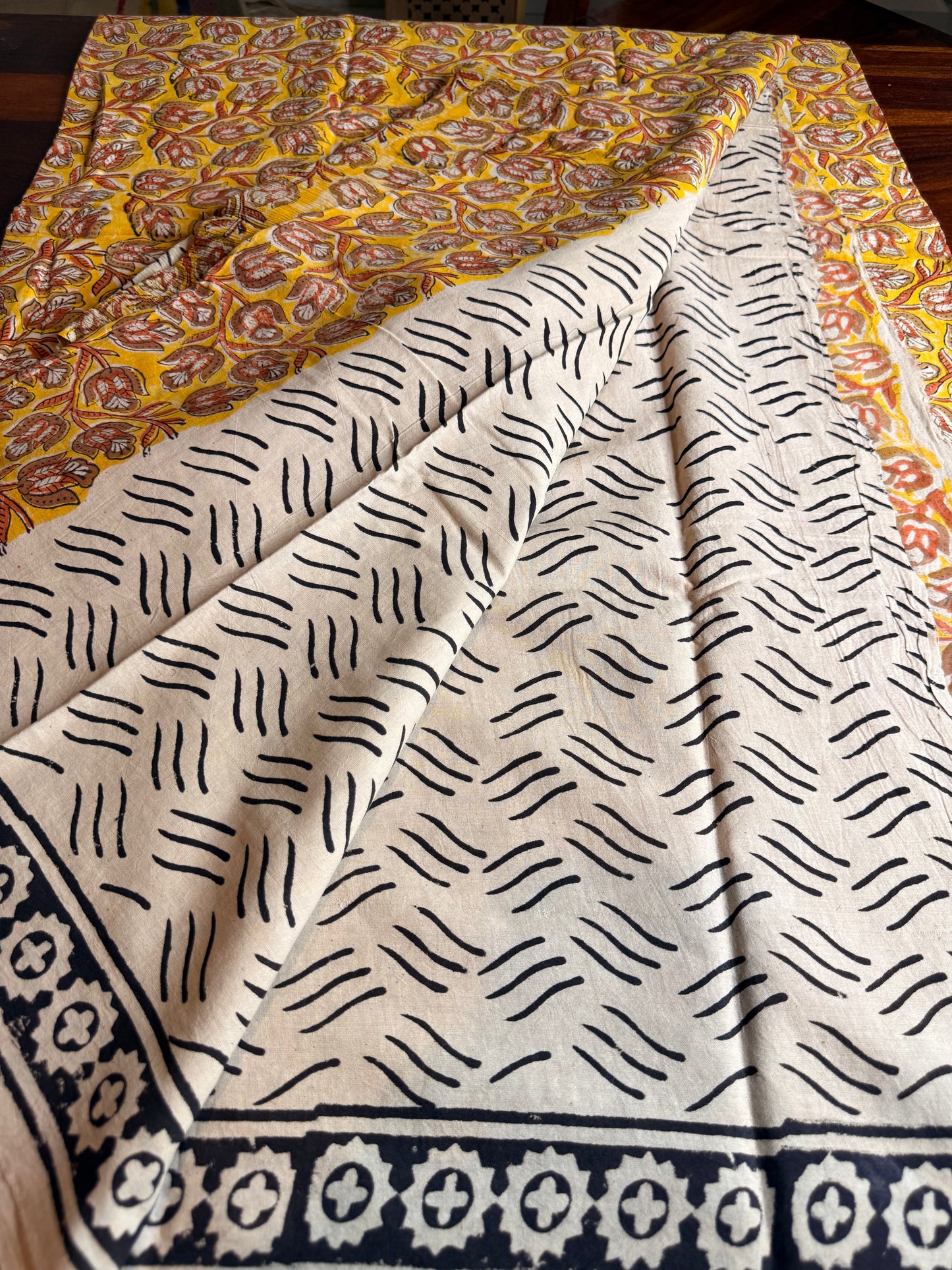 Handblock Kalamkari Cotton Suit Set with Chiffon Dupatta (Unstitched)
