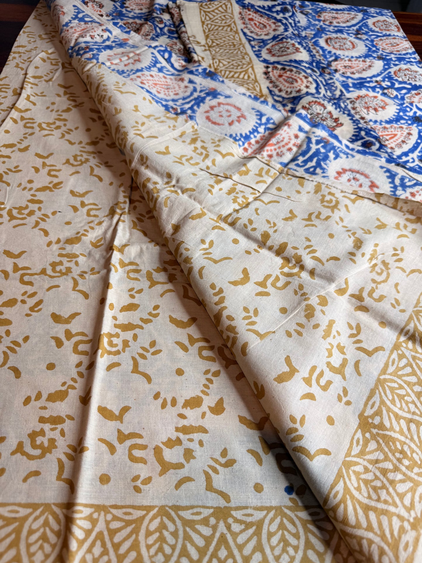 Handblock Kalamkari Cotton Suit Set with Chiffon Dupatta (Unstitched)