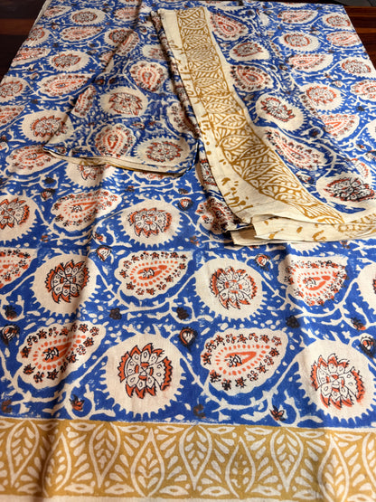 Handblock Kalamkari Cotton Suit Set with Chiffon Dupatta (Unstitched)