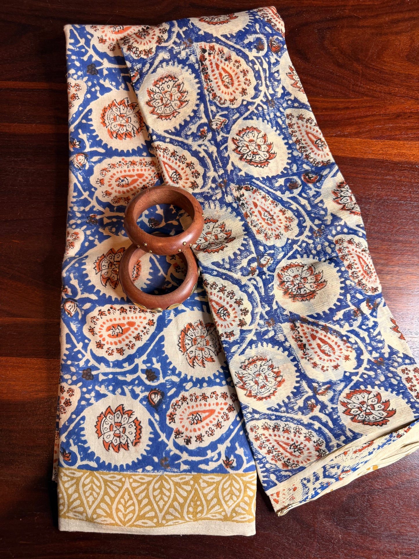 Handblock Kalamkari Cotton Suit Set with Chiffon Dupatta (Unstitched)