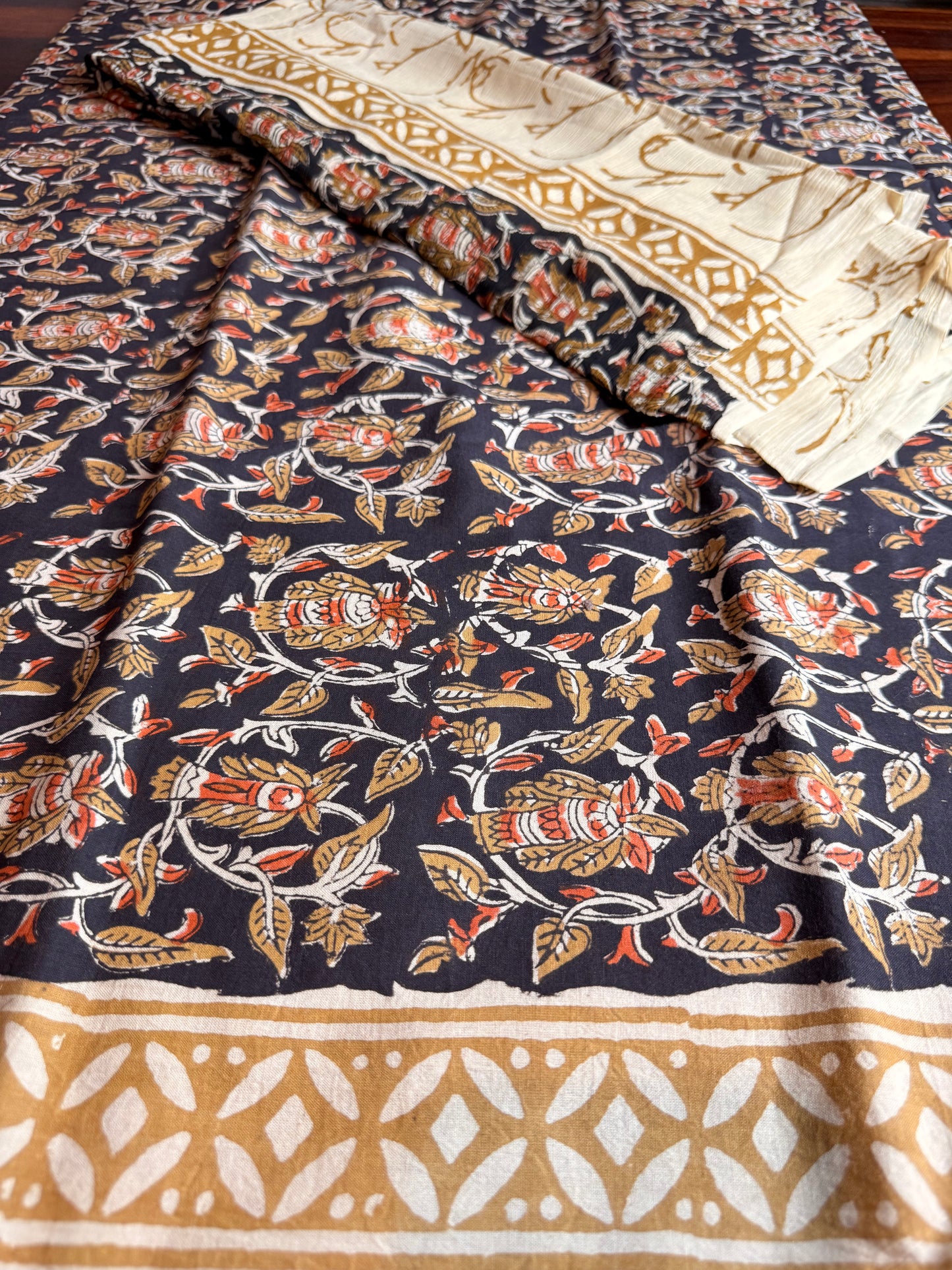 Handblock Kalamkari Cotton Suit Set with Chiffon Dupatta (Unstitched)