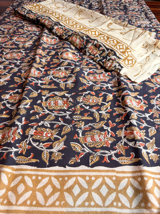Handblock Kalamkari Cotton Suit Set with Chiffon Dupatta (Unstitched)