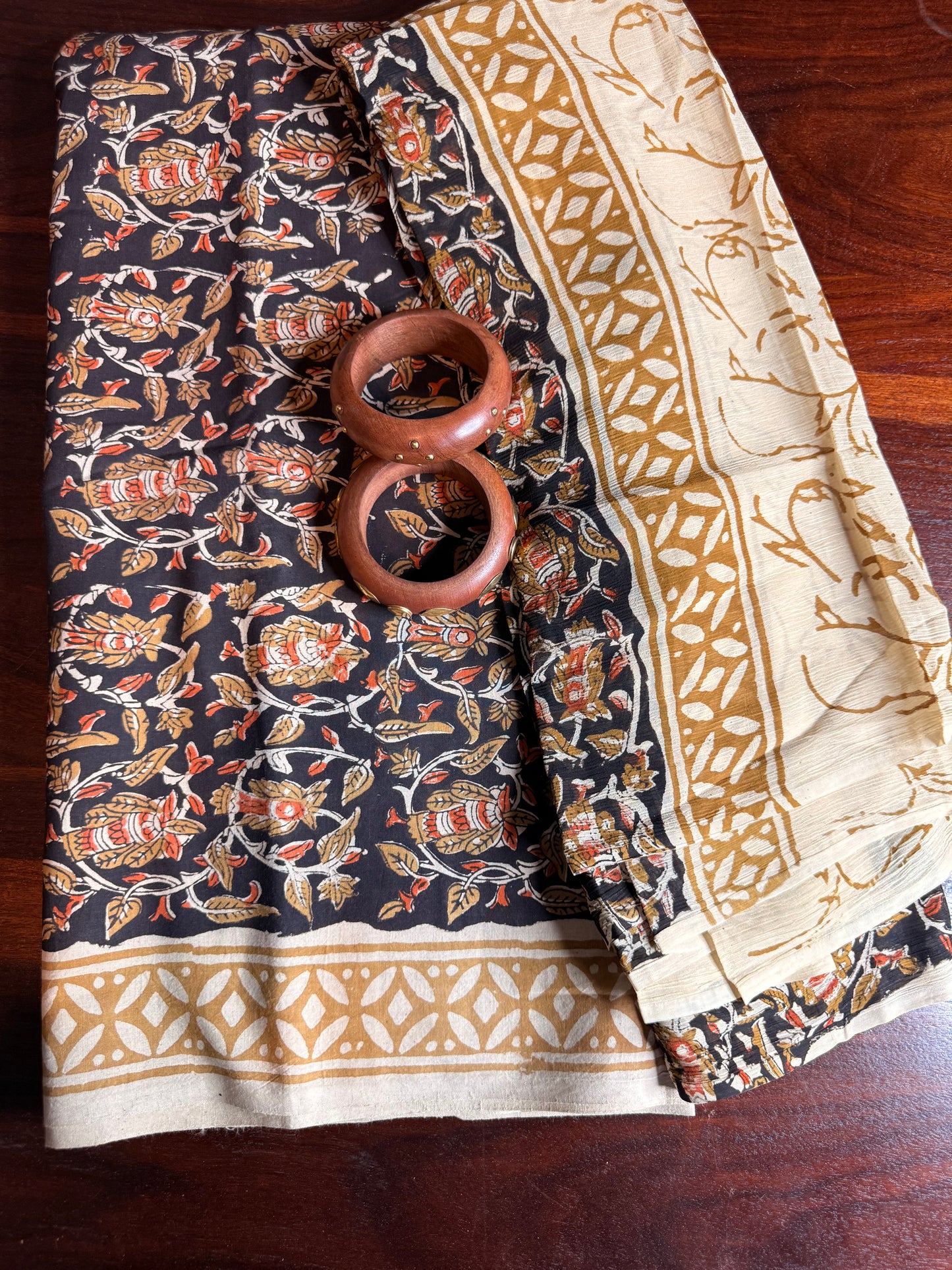 Handblock Kalamkari Cotton Suit Set with Chiffon Dupatta (Unstitched)