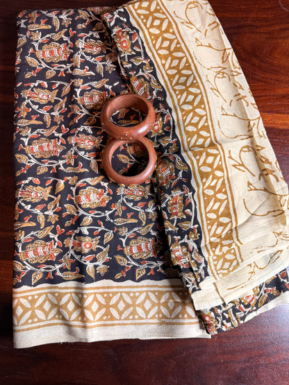 Handblock Kalamkari Cotton Suit Set with Chiffon Dupatta (Unstitched)