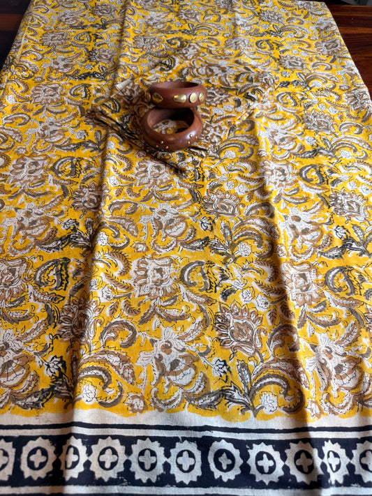 Handblock Kalamkari Cotton Suit Set with Chiffon Dupatta (Unstitched)