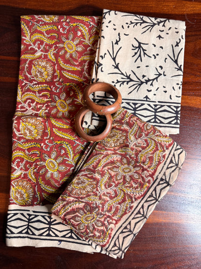 Handblock Kalamkari Cotton Suit Set with Chiffon Dupatta (Unstitched)