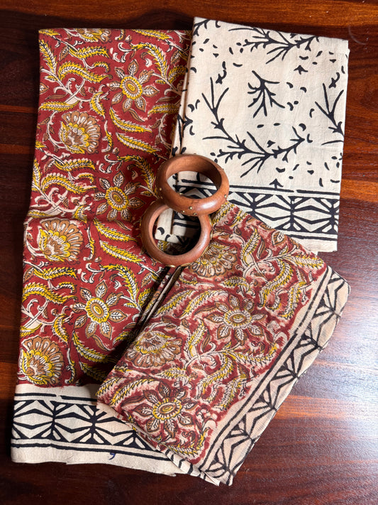Handblock Kalamkari Cotton Suit Set with Chiffon Dupatta (Unstitched)